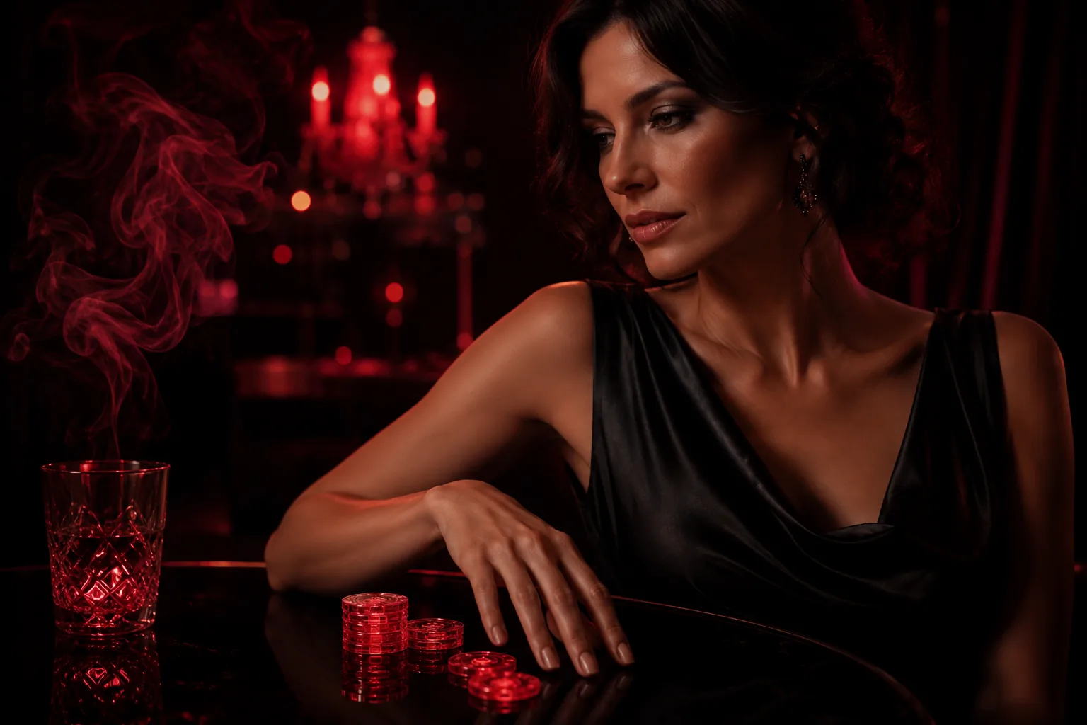 A woman in a black evening dress beside glowing crimson Embers