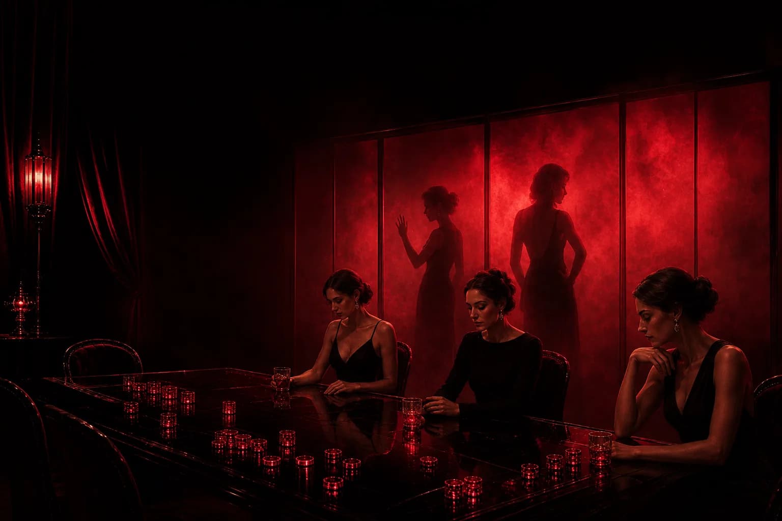 Women in a scarlet-lit room, female silhouettes beyond the glass